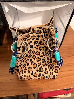 Leopard Print Drawstring Bucket Bag with Teal Rope Accents